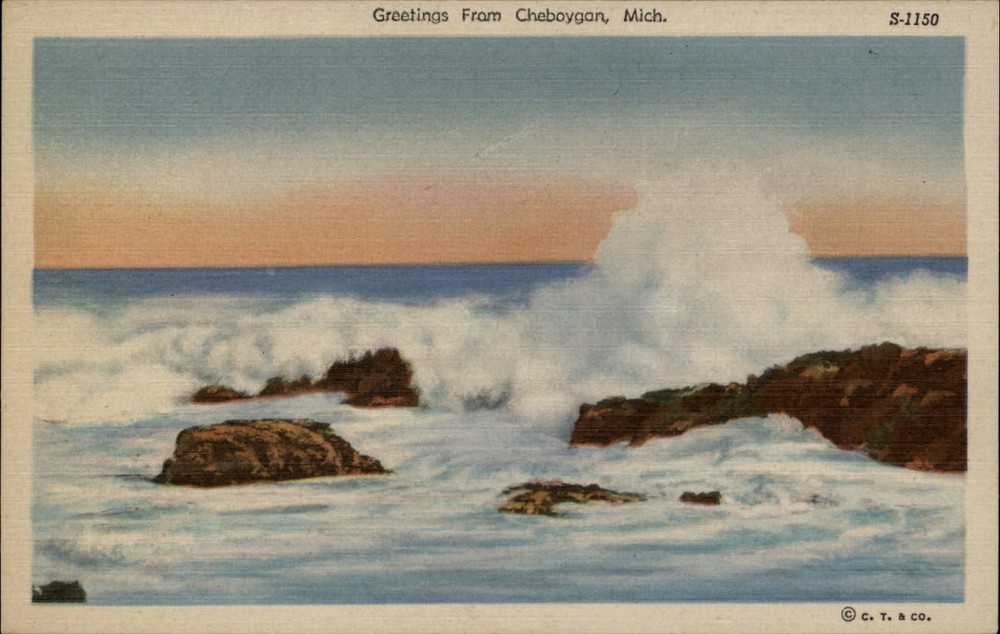 Michigan Cheboygan Greetings from lake waves scene ~ 1930s linen  ~ s9761