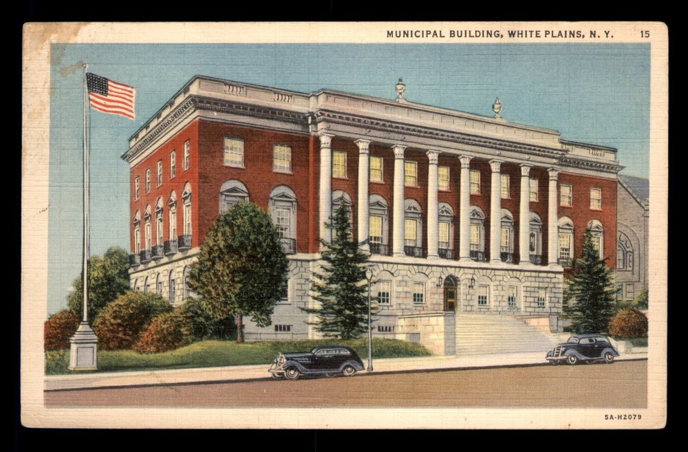 Municipal Building White Plains New York NY Old Cars Flag Posted Postcard