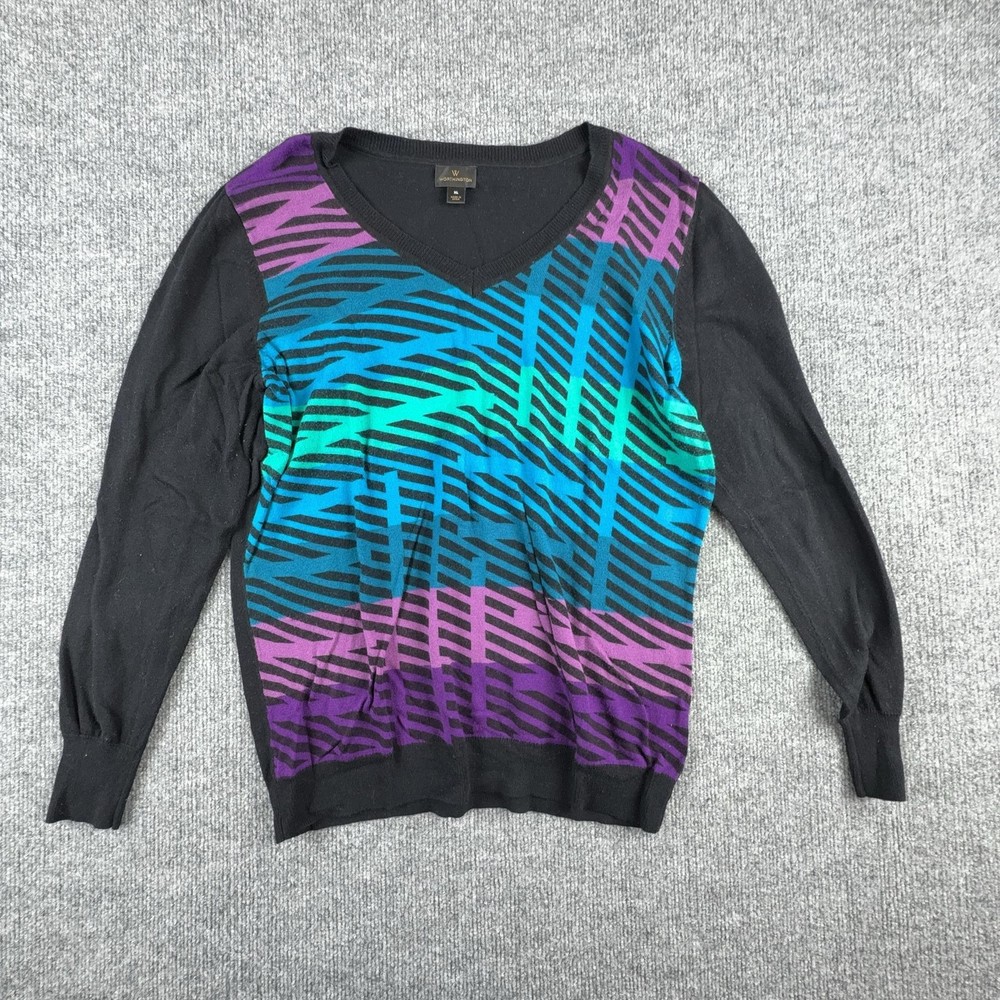 Worthington Sweater Womens XL Black Multicolor Graphic V Neck Knit Pullover