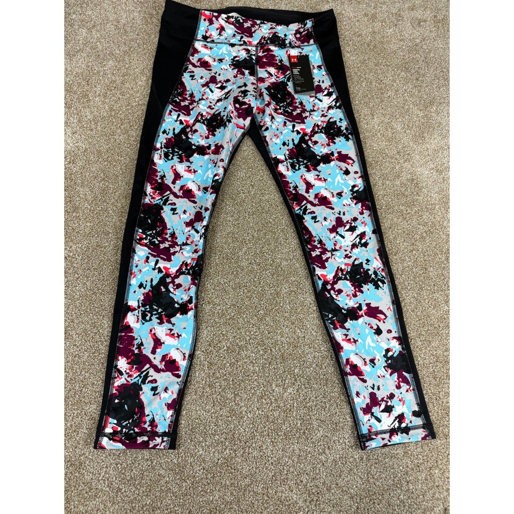 NWT Under Armour Womens HeatGear Abstract Splatter Leggings Black Blue Large L