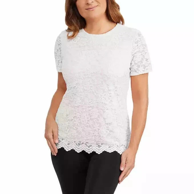 Teddi Rose Women's Size Large White Lace Lined Short Sleeve Blouse Top NWT