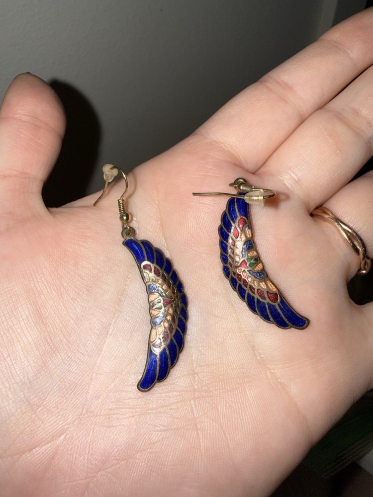 Blue Wing Cloisonné Vintage Earrings Dangle Gold Tone