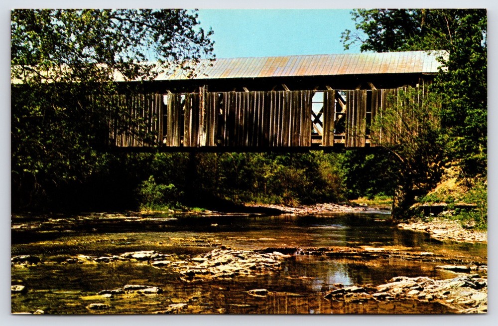 Vintage Photo Postcard Picture Wood Covered Bridge Creek Brown County Ohio USA