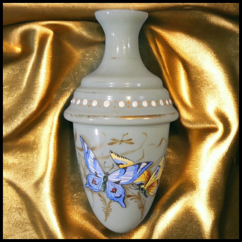 Antique 19th Century Moser Style Glass Hand-Painted Butterfly Acorn Shaped Vase