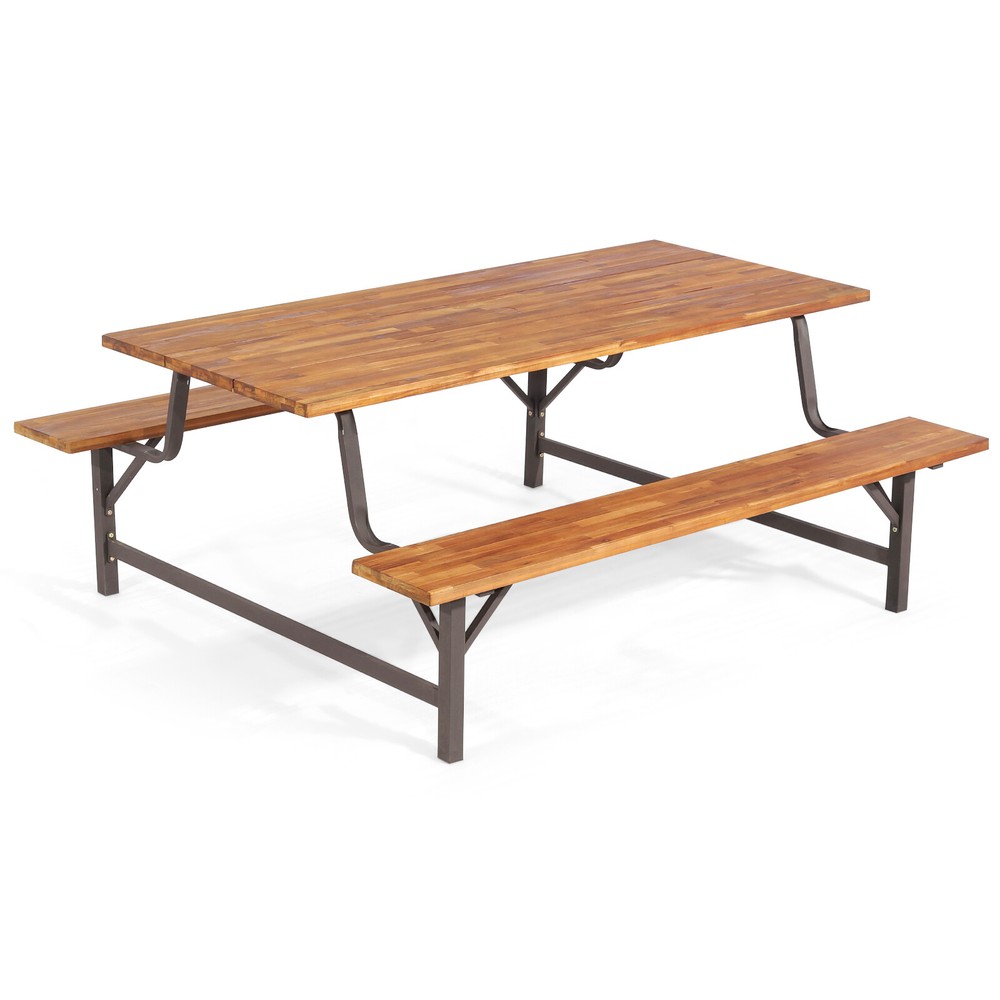 Acacia Wood Outdoor Picnic Table with Bench Set 71in Tabletop and 2in Umbrella Hole  -image