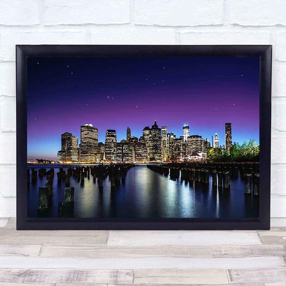 Stunning Purple Blue Cityscape Art Print of American Skyline at Night  
