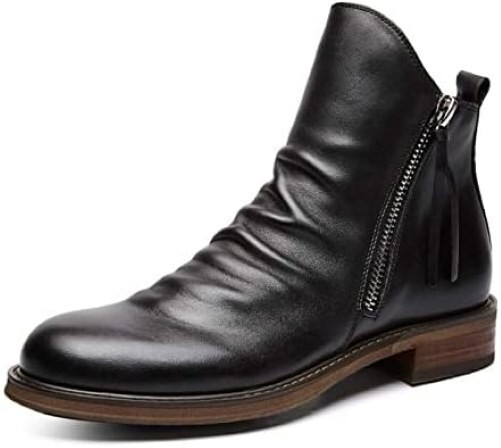Men's Black PU Chelsea Boots with Tassel & Double Zipper in US 9.5-13