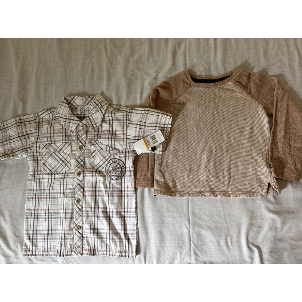 Calvin Klein Jeans New Boys 2 Piece Set Plaid Button Down & Raglan Tee Tan 3T