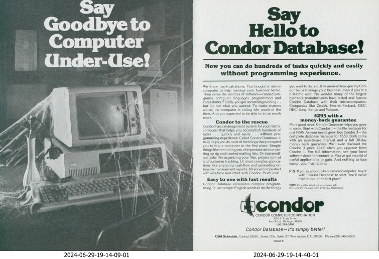 1983 Condor Database Say Goodbye To Under Use Cobwebs Spider Computer Ad PEC1