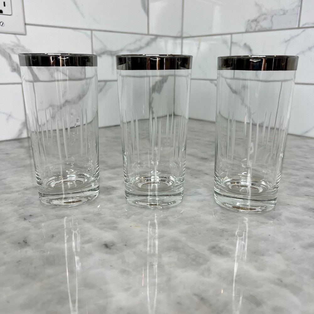 Vintage Etched Silver Rim Highball Glasses Set of 3 MCM Barware