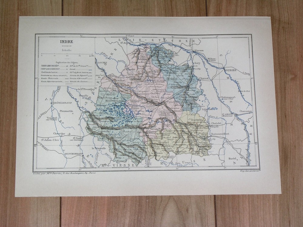 1887 Antique Original Map Of Department Of Indre Chateauroux / France