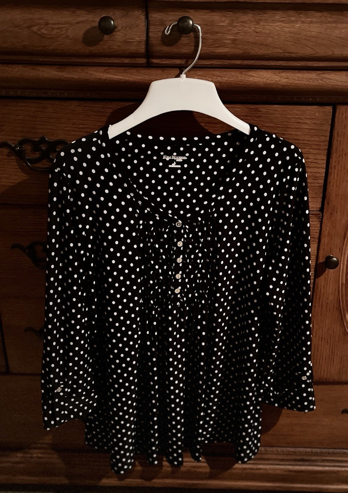 Kim Rogers Navy/White Polka Dot 3/4 Sleeve Scoop Neck Blouse Size L