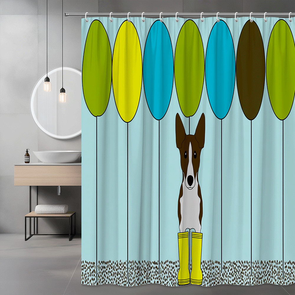 Dog Balloon Shower Curtain, Cute Cartoon Animal Print, Blue Background