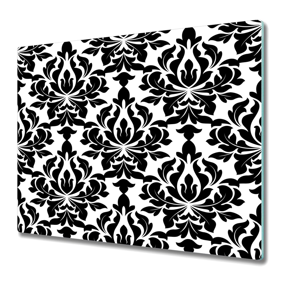 Tempered Glass Chopping Board Black Coloured floral arabesque black and white