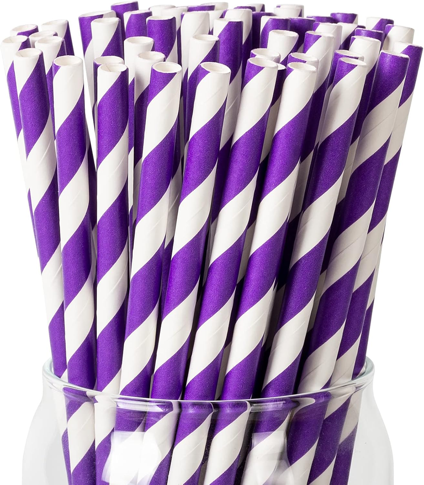 [100 Pack] Purple Straws Disposable Paper Straws for Drinking, Purple Paper Stra
