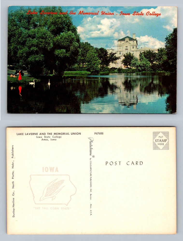 Ames IA-Iowa Lake Laverne and Memorial Union Iowa State College Vintage Postcard