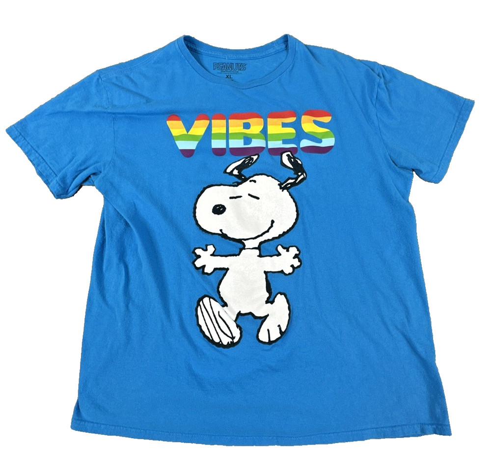 Peanuts Snoopy Rainbow Vibes Men's Graphic T Shirt Size XL Blue Short Sleeve