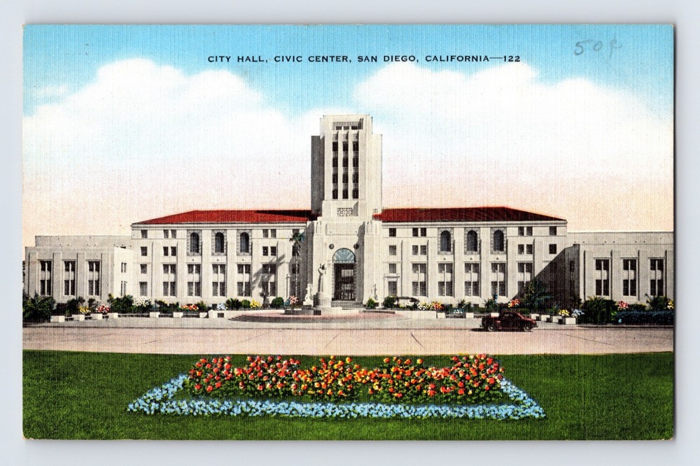 Postcard California San Diego CA City Hall Civic Center 1940s Unposted Linen