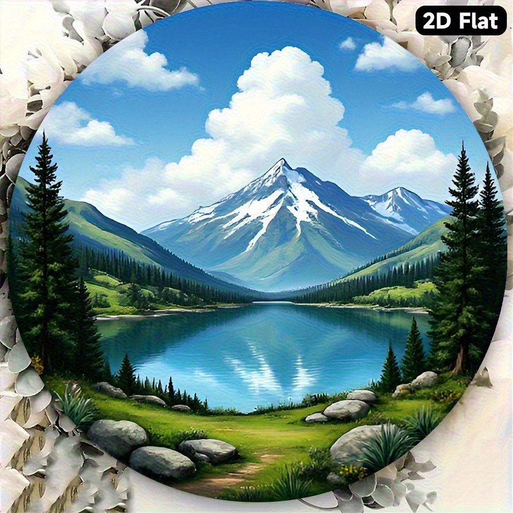 8inch Retro Lake Mountain Snowy Peaks Scenery Round Aluminum Wall Art