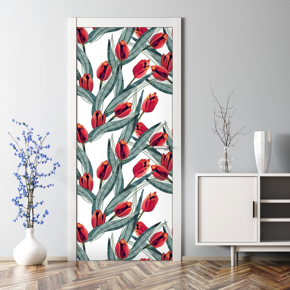 Tulips Floral Pattern Bubble Free Door sticker self adhesive Decal peel & stick