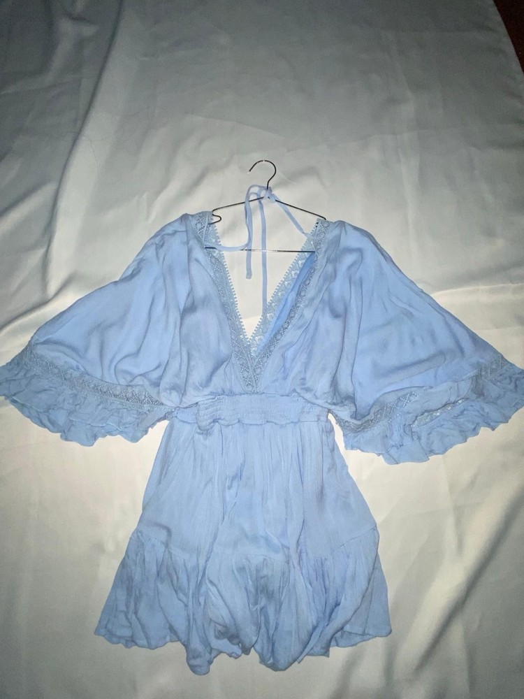 Shero Light Blue Bell Sleeve V-Neck Lace Ruffle Romper Regular Size S
