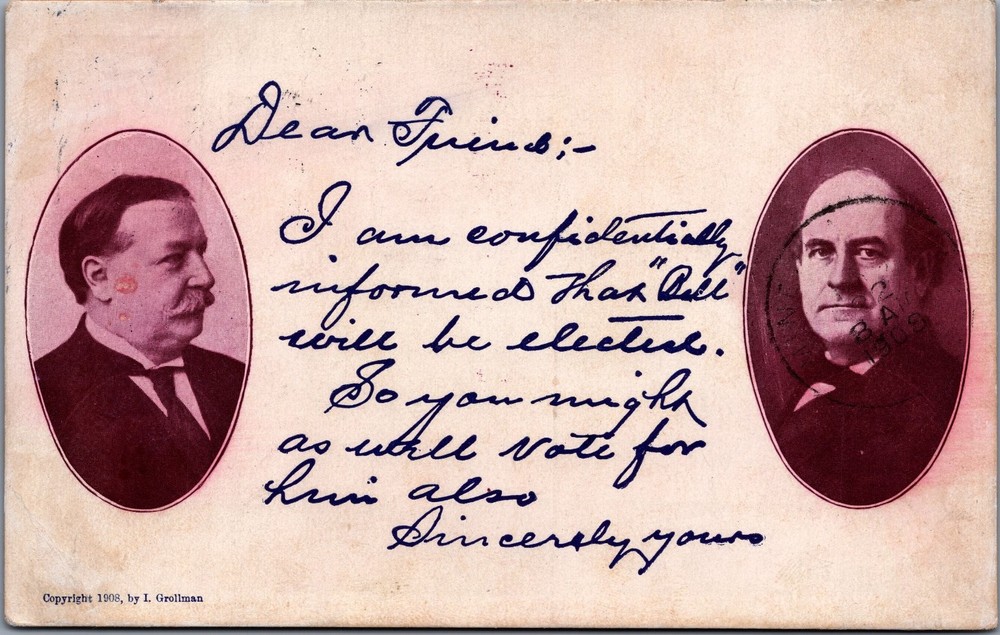 1908 Taft Sherman Election Political Postcard Amsterdam Ohio Postmarked