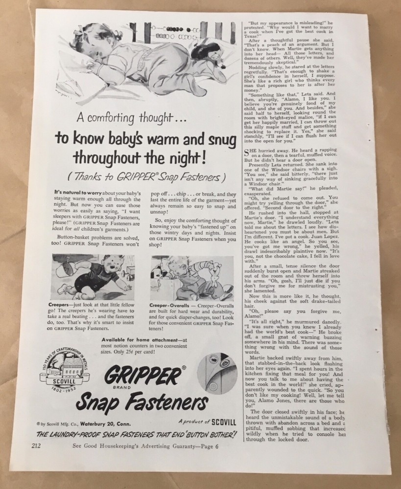 Gripper Snap Fasteners print ad 1952 orig vintage 50s retro decor art illus baby