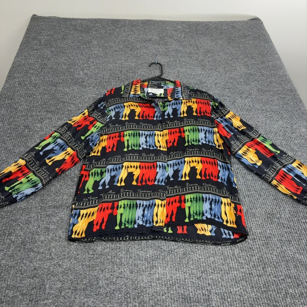 Vintage Bob Mackie Blouse Womens 10 Multi Silk Tassel Print Button Up Maximalist