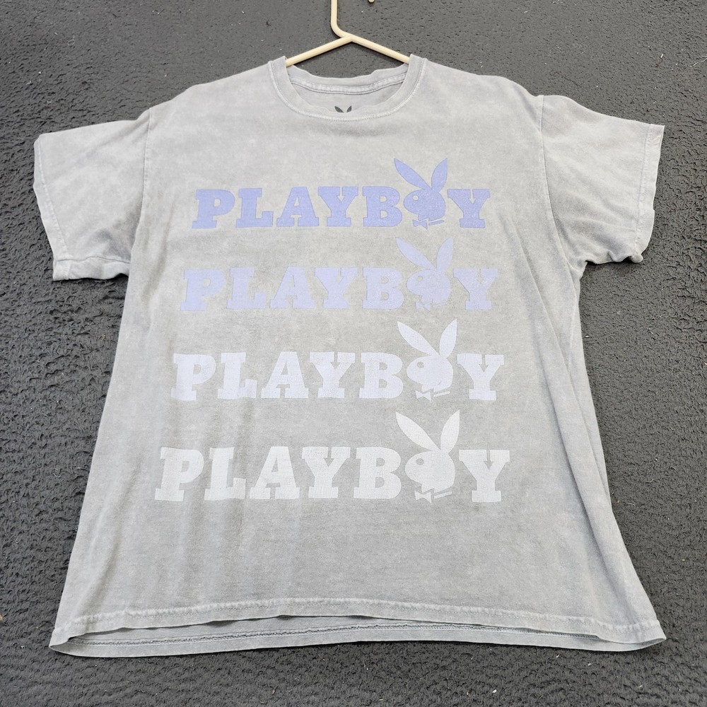 Playboy Shirt Mens Large Gray Stacked Bunny Logo Graphic Tee Tagless Cotton