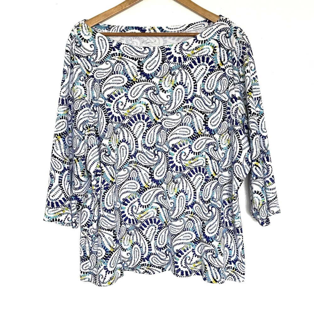 Kim Rogers Plus Shirt Women’s 3X Blue White Paisley Boho Cotton 3/4 Sleeve Top