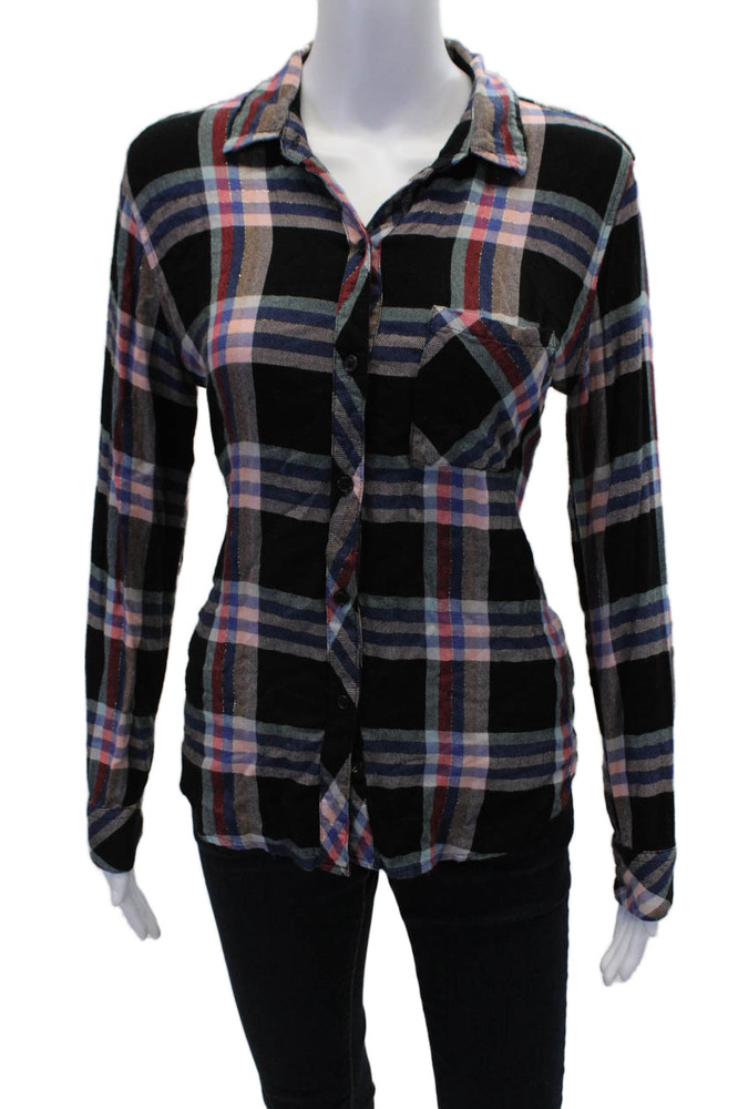 Rails Womens Cotton Long Sleeve Button Up Plaid Printed Blouse Black Size SFree Shipping in US $100+ Orders | $6.95 Orders Below