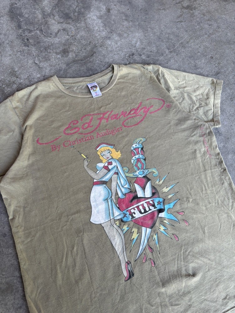 Vintage Ed Hardy Naughty Nurse Fun T Shirt 90s Y2K Men’s large Audigier green