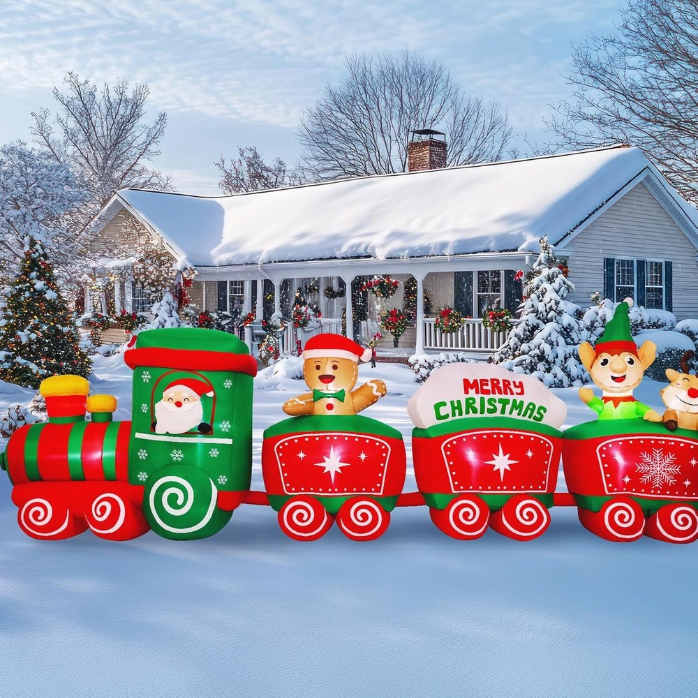Max Fun 12Ft Christmas Inflatables Train with Santa Claus Reindeer Gingerbread