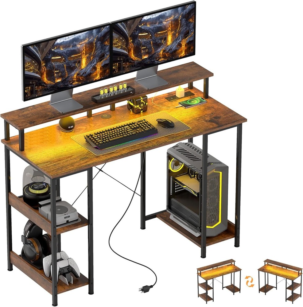 Gaming Desk w/ Monitor Stand LED Computer Desk Gamer Workstation Home Office