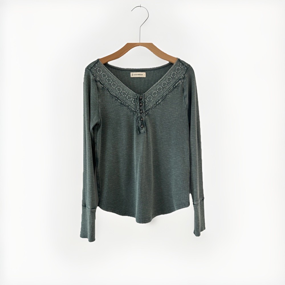 Lucky Brand Womens Top Green L Henley Thermal Shirt Y2K Lace Ribbed 90s Boho