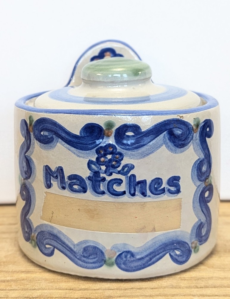 M A Hadley Pottery Wall Hanging Matches Holder w/ Striker Strip & Lid Signed