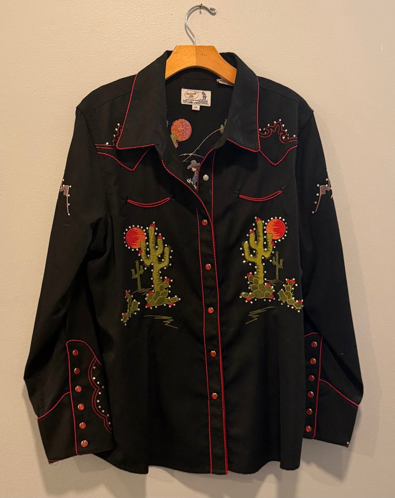 Panhandle Slim Women’s XXL Black Western Shirt Cactus Embroidered Pearl Snap