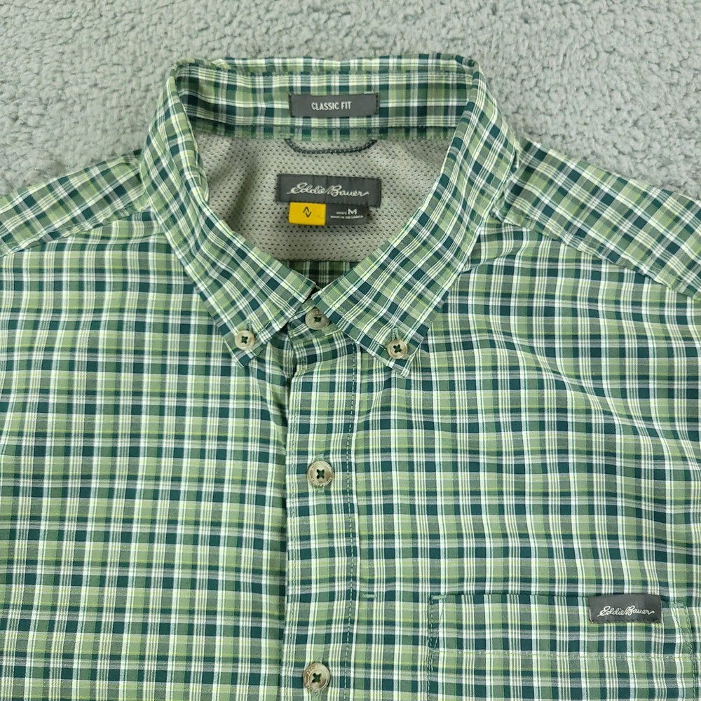 Eddie Bauer Classic Fit Mens Medium Green Plaid Business Casual Dress Shirt
