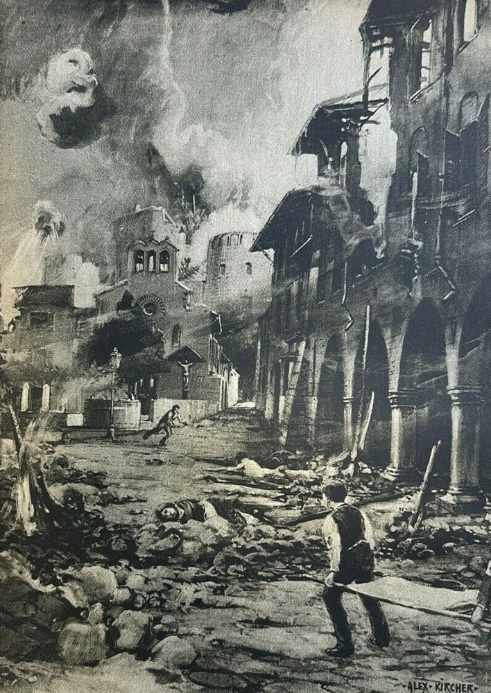 1916 Vintage Illustration Bombardment of Gorizia World War I Austrian Alps