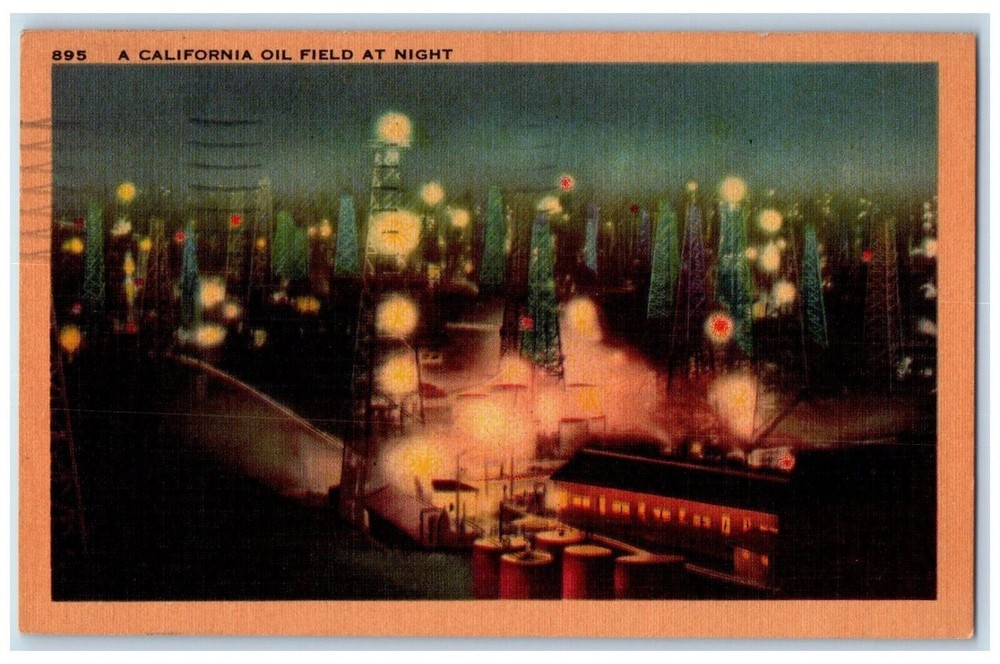 1947 A California Oil Field At Night Santa Monica CA Posted Vintage Postcard