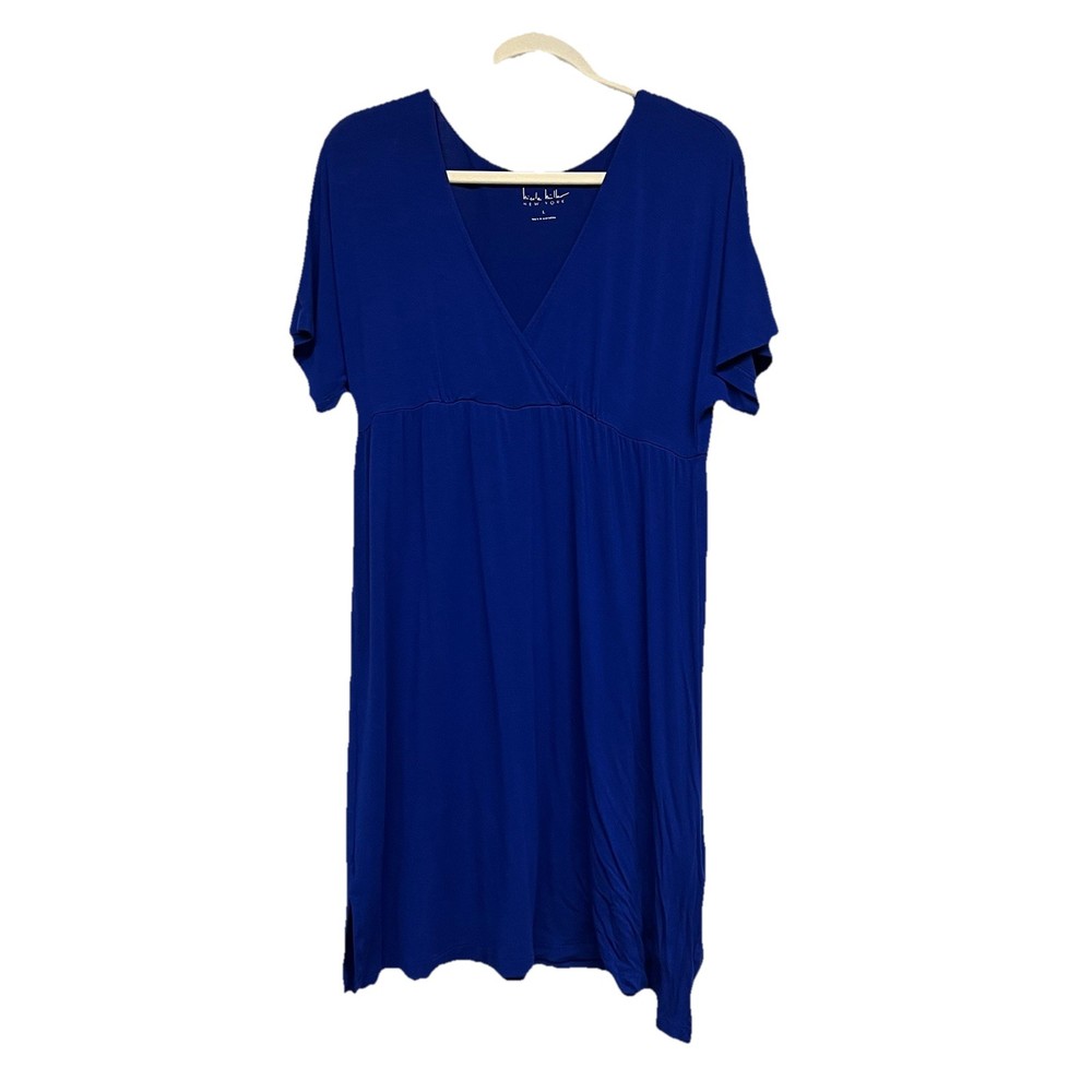 Nicole Miller New York Short Sleeve Blue Casual V Neck Pullover Dress Large