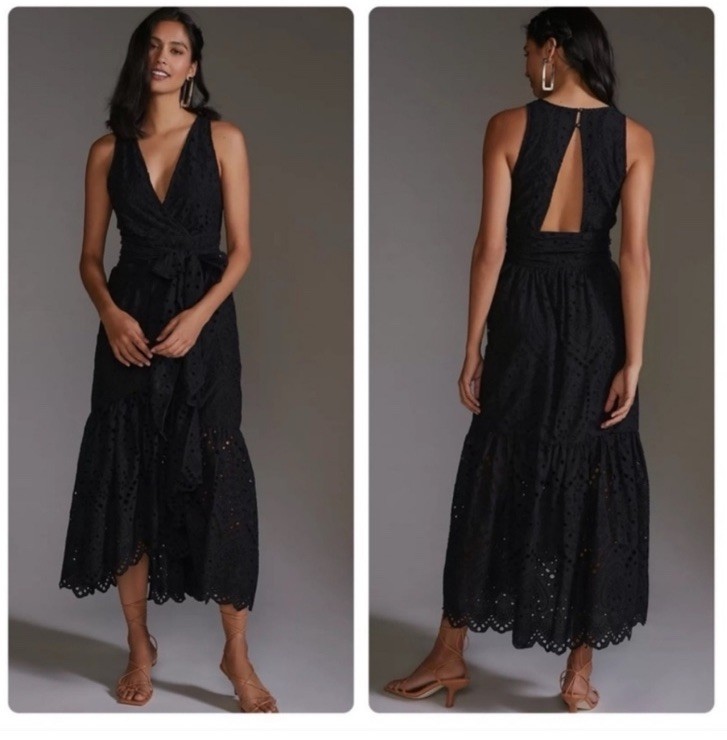 Anthropologie Maeve Black Eyelet Wrap Front Midi Dress Open Back 18W sleeveless