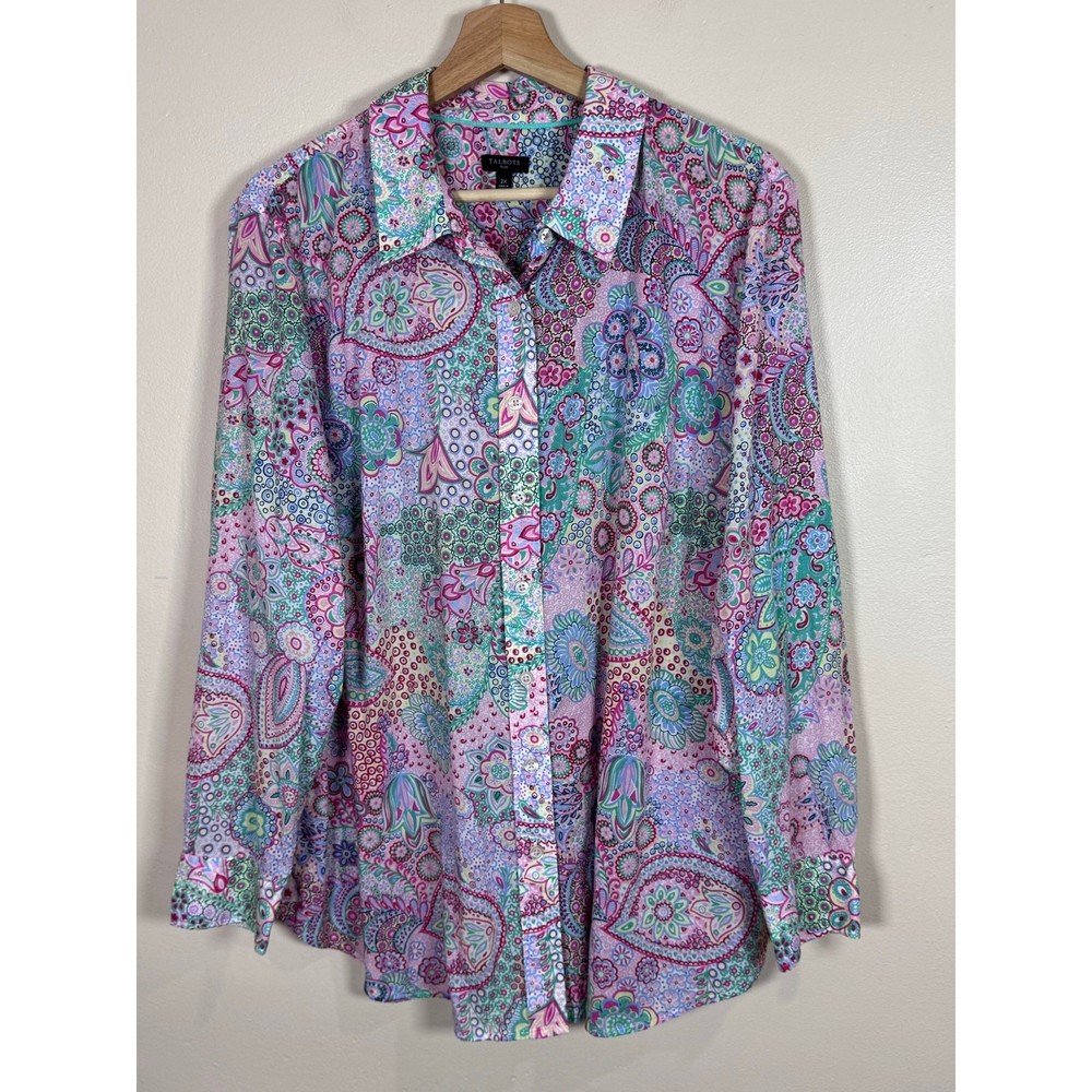 Talbots Womens Plus Size Button Down Shirt Floral 2X 100% Cotton Artsy coastal