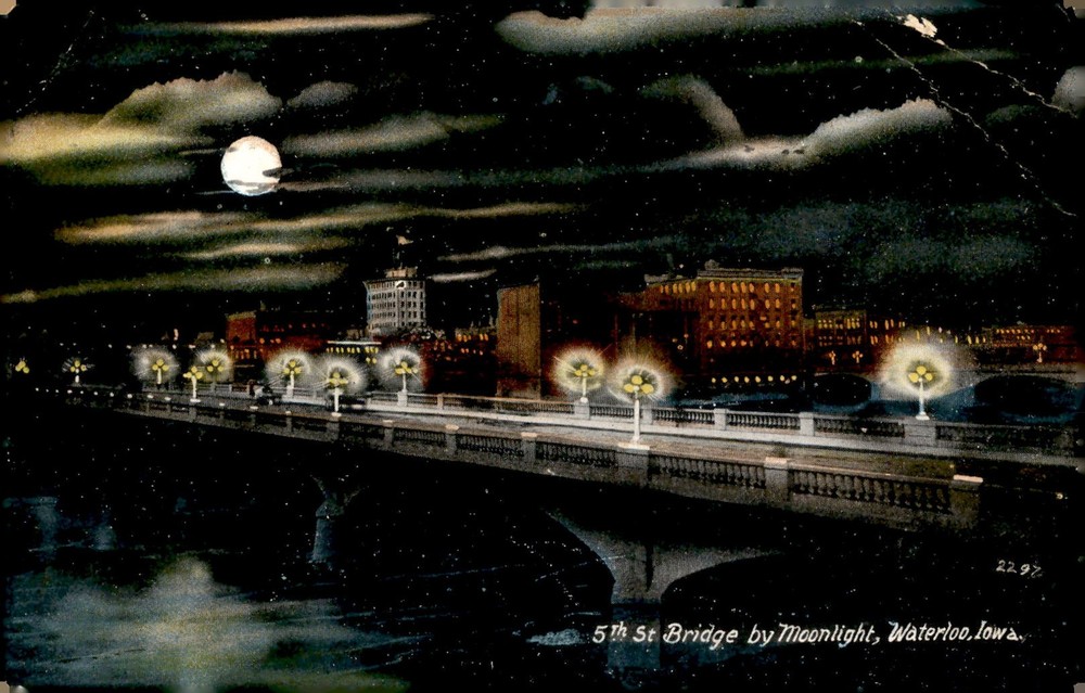 5th St Bridge by Moonlight, Waterloo, Iowa, 1915 Postcard
