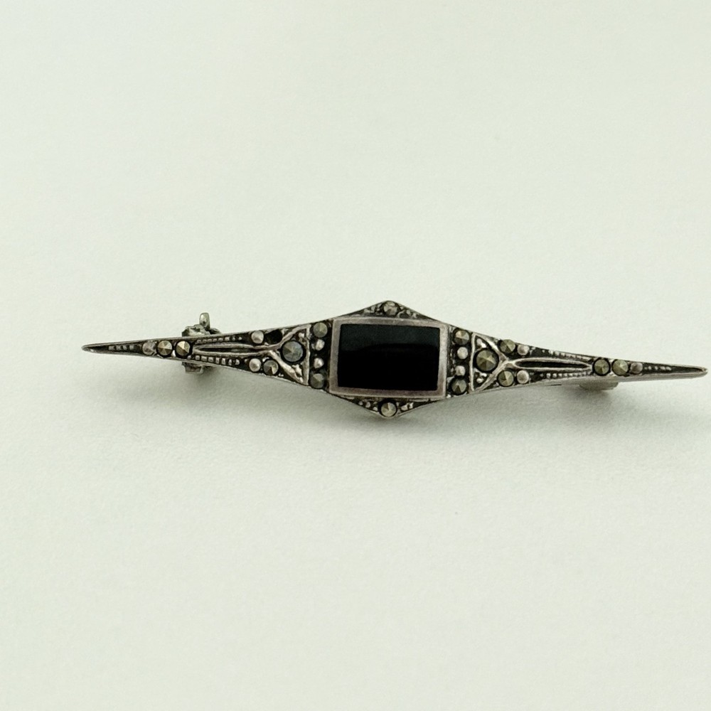 Vintage 925 Sterling Silver Marcasite Black Onyx Deco Bar Brooch Pin