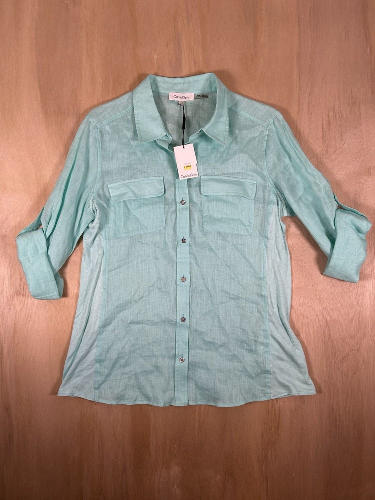 NWT Calvin Klein Women’s Long Sleeve Linen Mint Green Shirt Size Medium