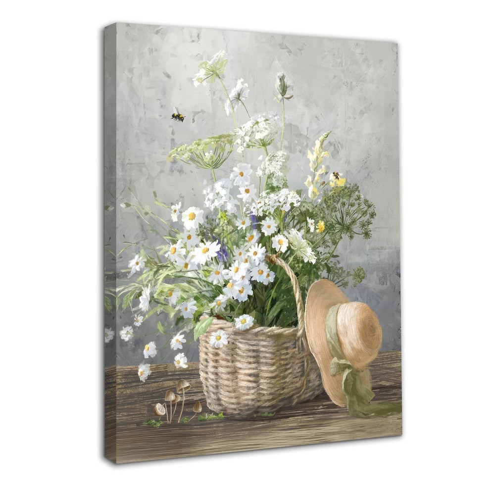 Framed Daisy Flower Wall Art Decor Rustic Floral Prints, Farmhouse Botanical Can