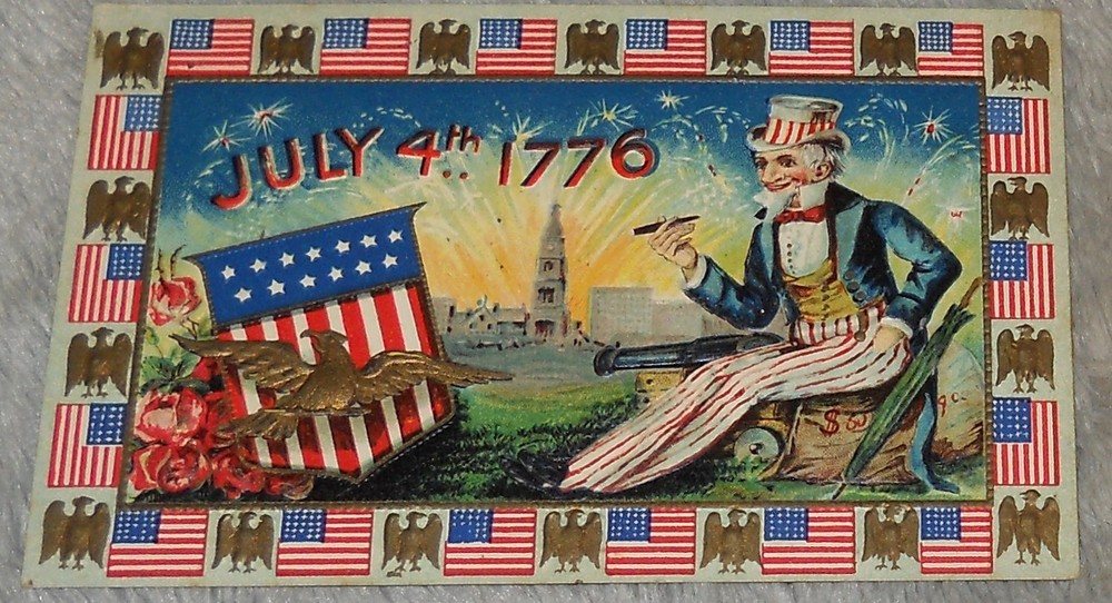July 4th 1776 Uncle Sam Gold Embossed Patriotic Fourth of July Postcard T8