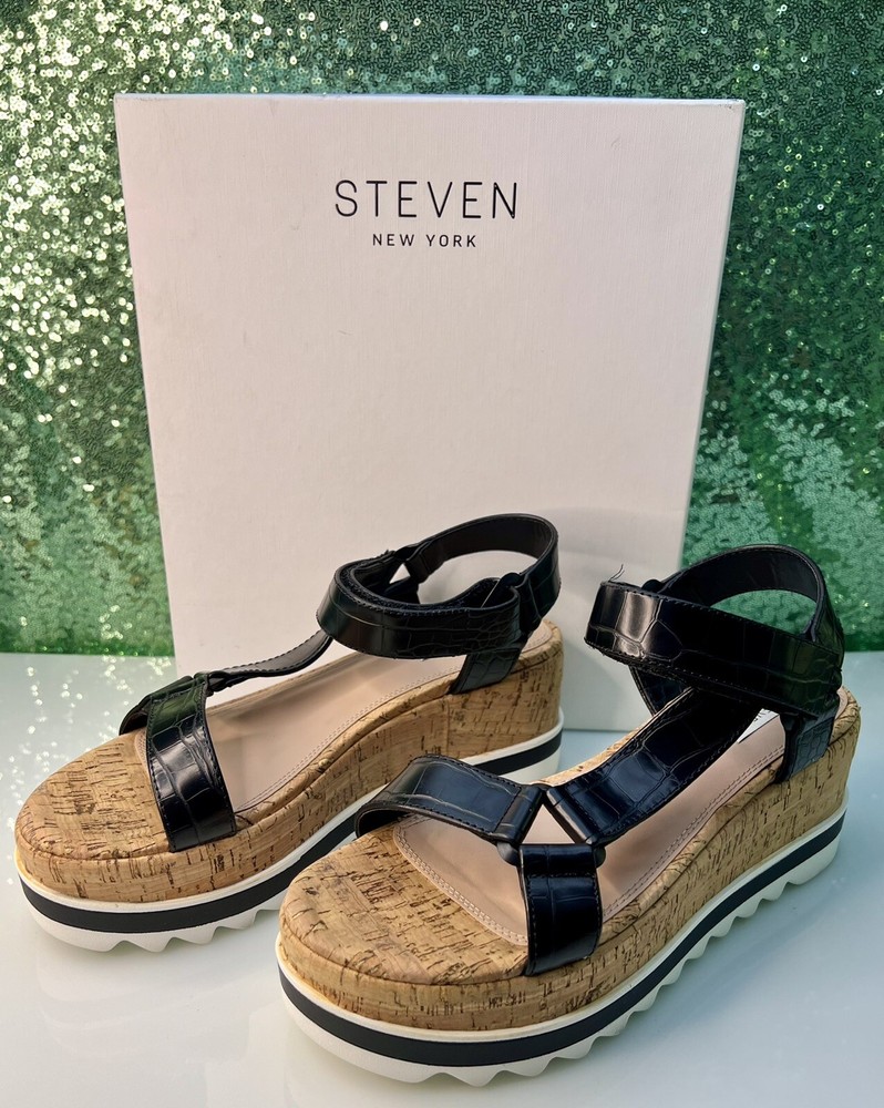 STEVEN New York Mimich Black Crocodile Sandals Women's Size 9.5 Steve Madden
