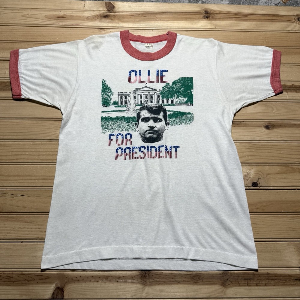 Vintage 80s Ollie North For President Faded Paper Thin Ringer Shirt Size Large